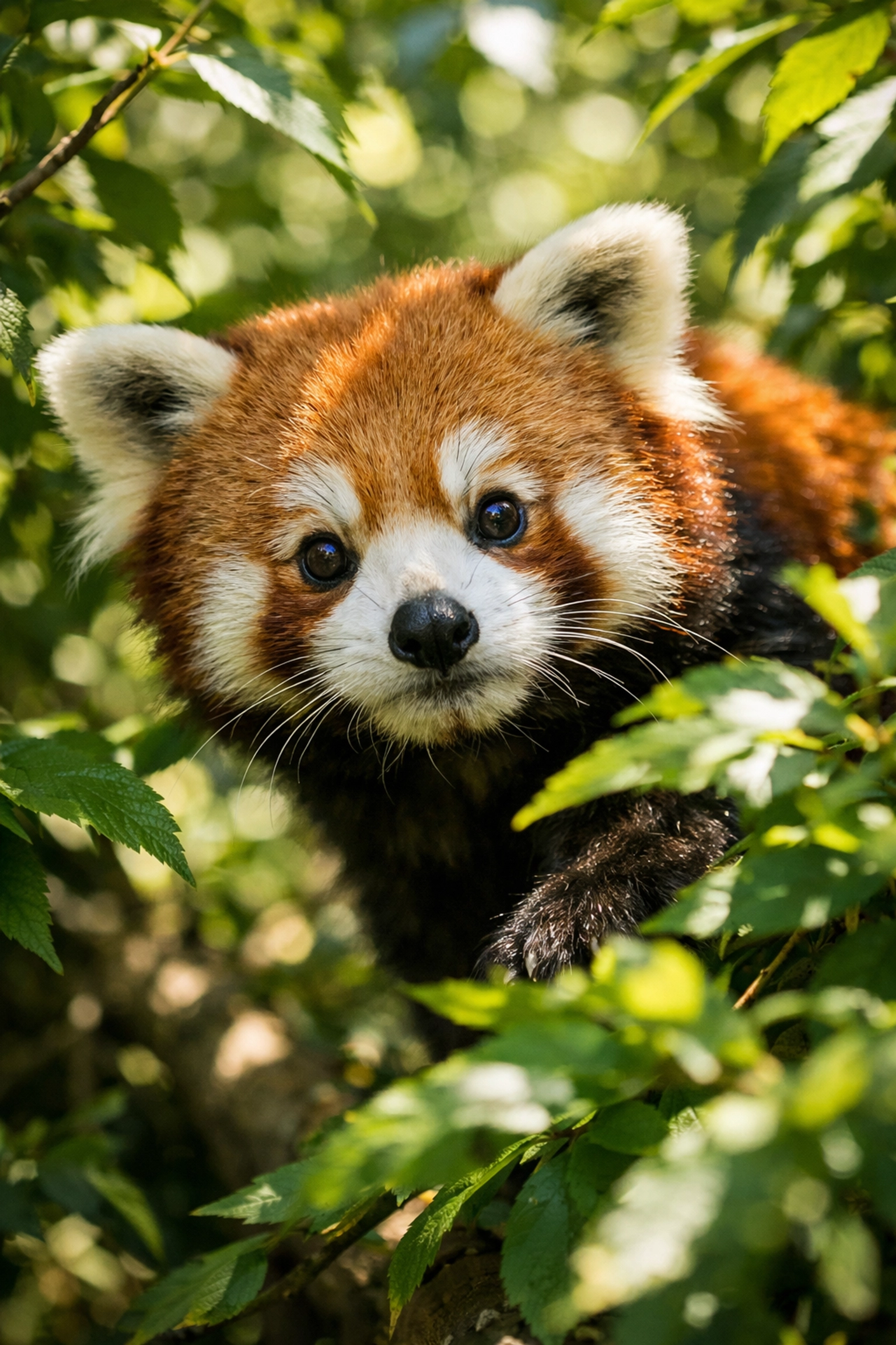 Curious red panda peering through green foliage, an example of engaging zoo animal photography for social media.