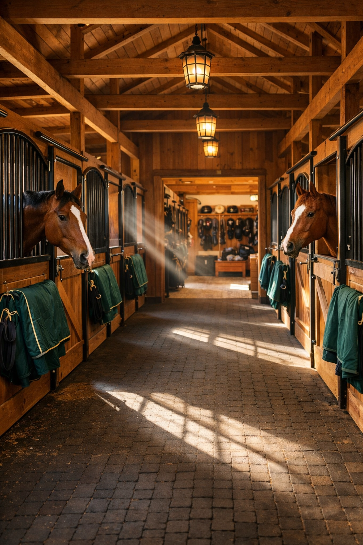 Well-designed horse barn interior with stalls and natural lighting in North Carolina