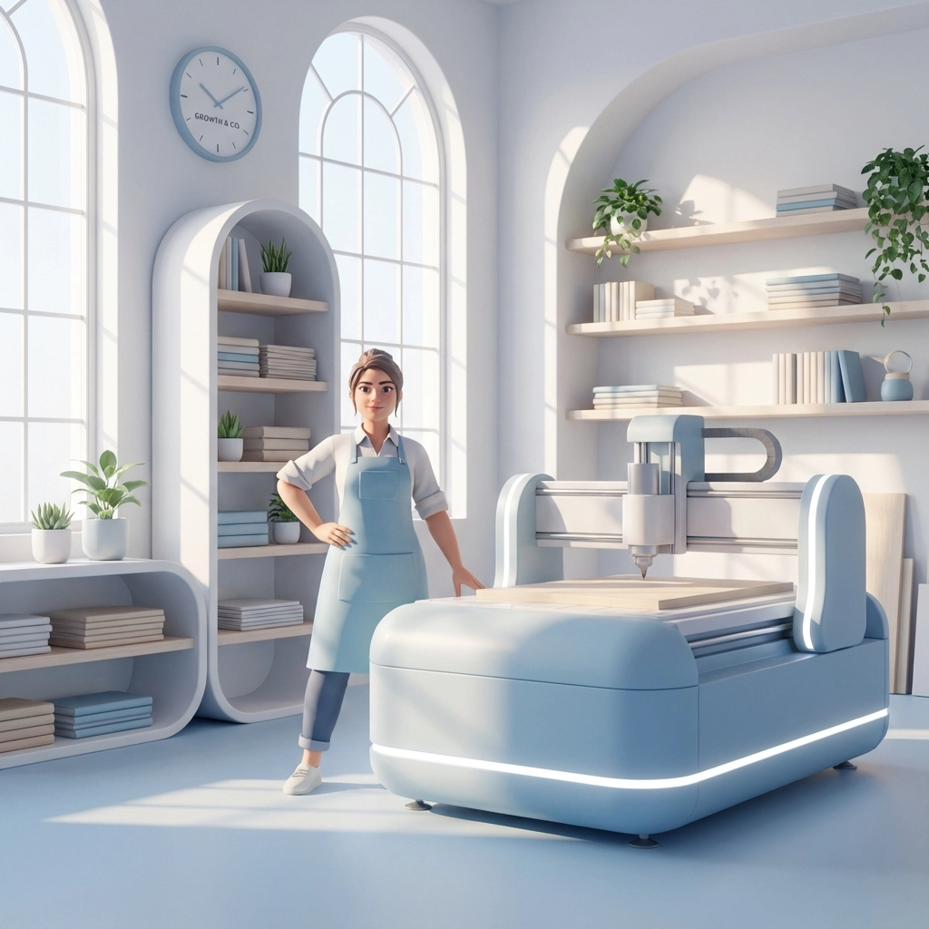Small business owner standing next to industrial equipment in a modern workshop, representing equipment financing benefits