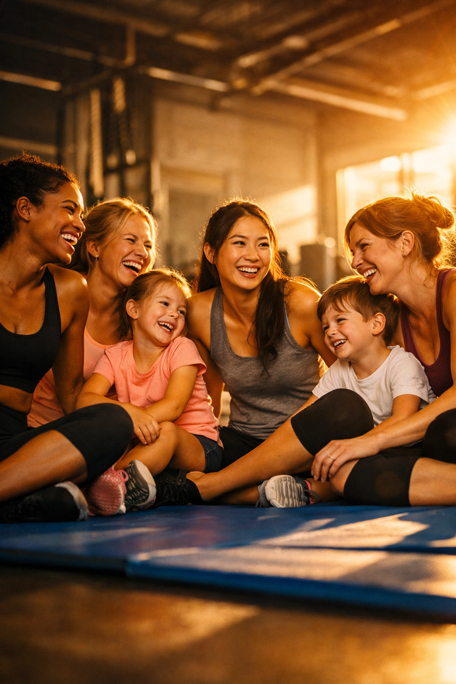 Women and children bonding after a kickboxing session in Huddersfield, fostering community and empowerment.