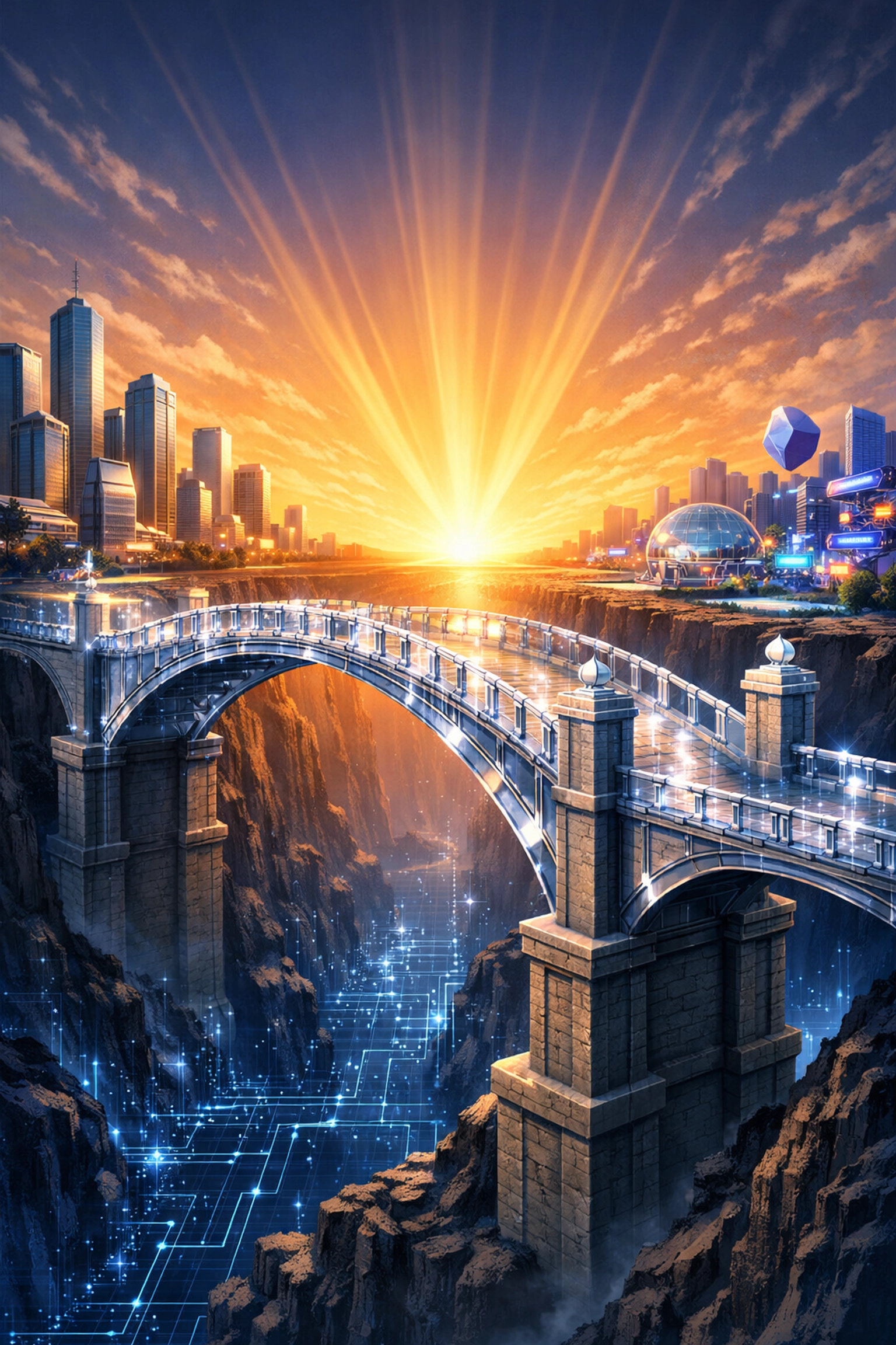 A secure bridge representing compliant Web3 infrastructure and MTL-regulated metaverse finance.