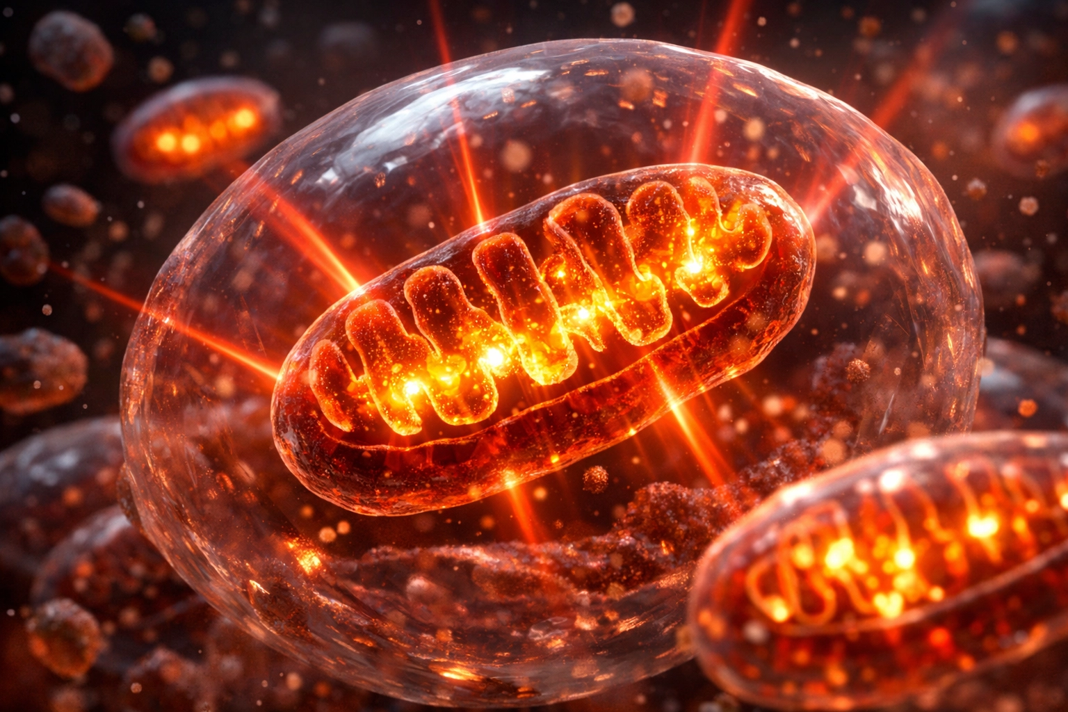 Mitochondria cells producing ATP energy under red light therapy for skin and hair repair.