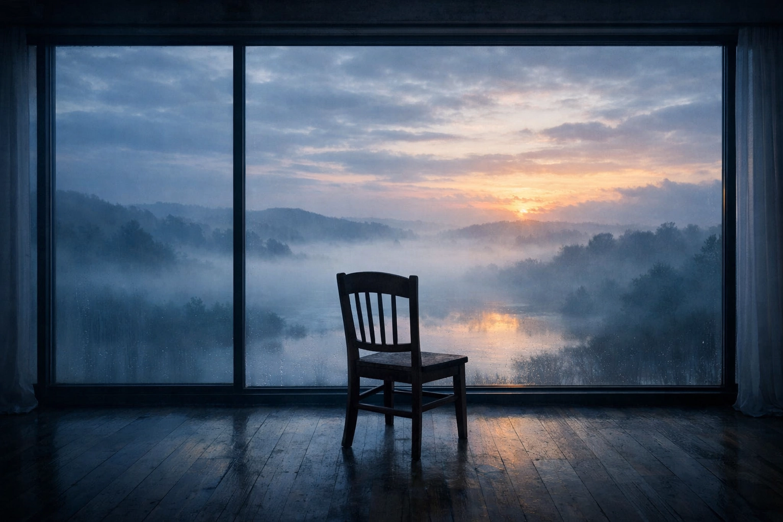 Empty chair by window overlooking misty morning representing quiet prayer and seeking God's presence