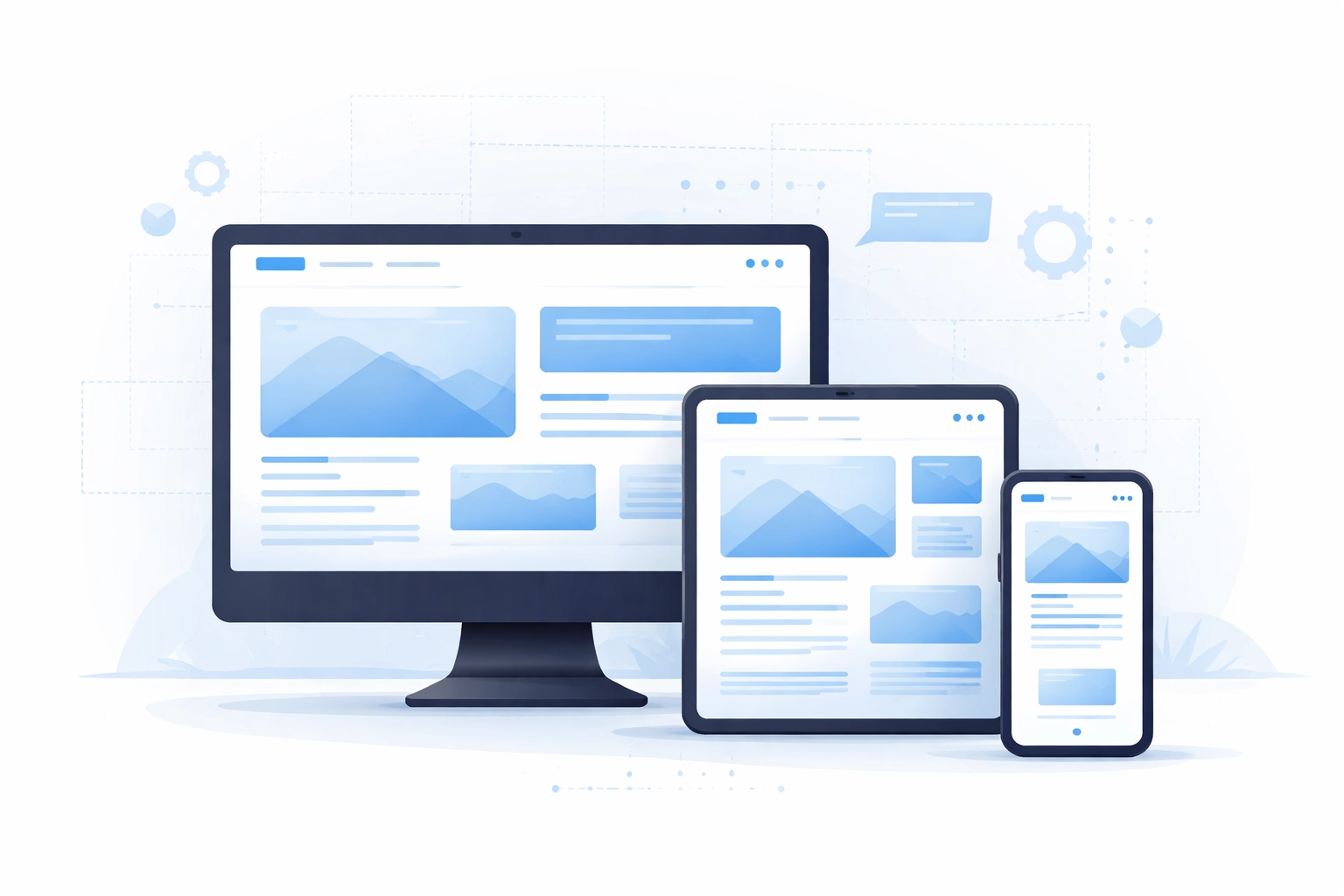 Responsive web design illustration with a website adapting to desktop, tablet, and smartphone screens