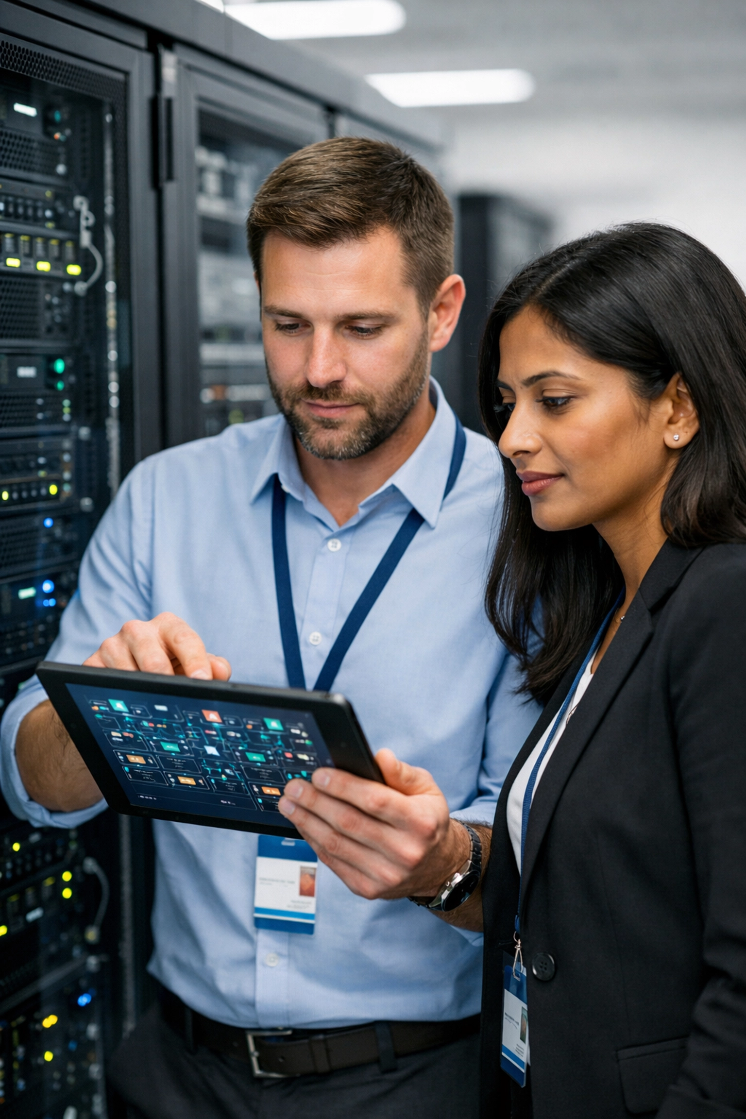 IT professionals collaborating on ServiceNow ITOM and ITAM asset integration in a modern data center.
