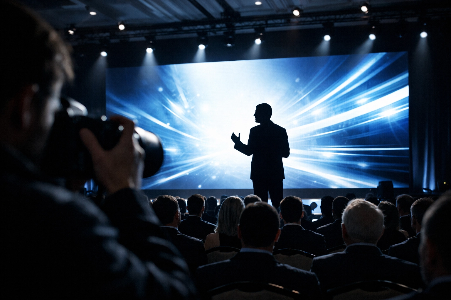 Professional corporate event photography miami of a keynote speaker in a grand ballroom setting.