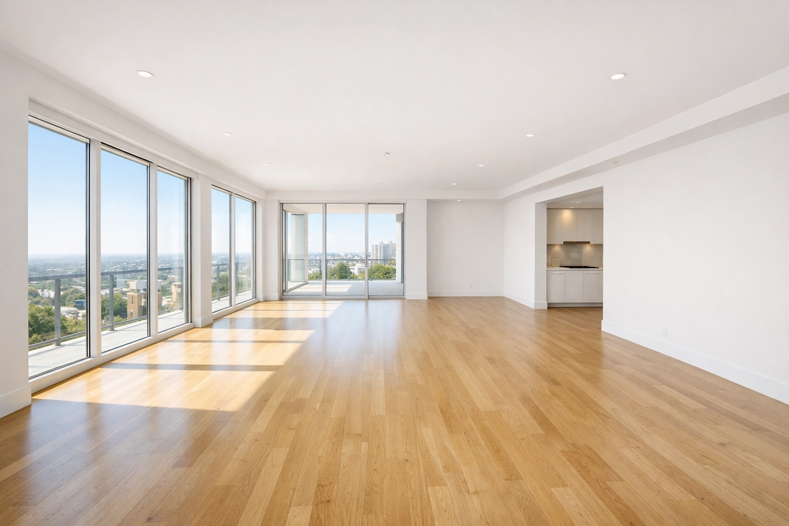 Pristine empty luxury apartment living room ready for occupancy after turnover cleaning.