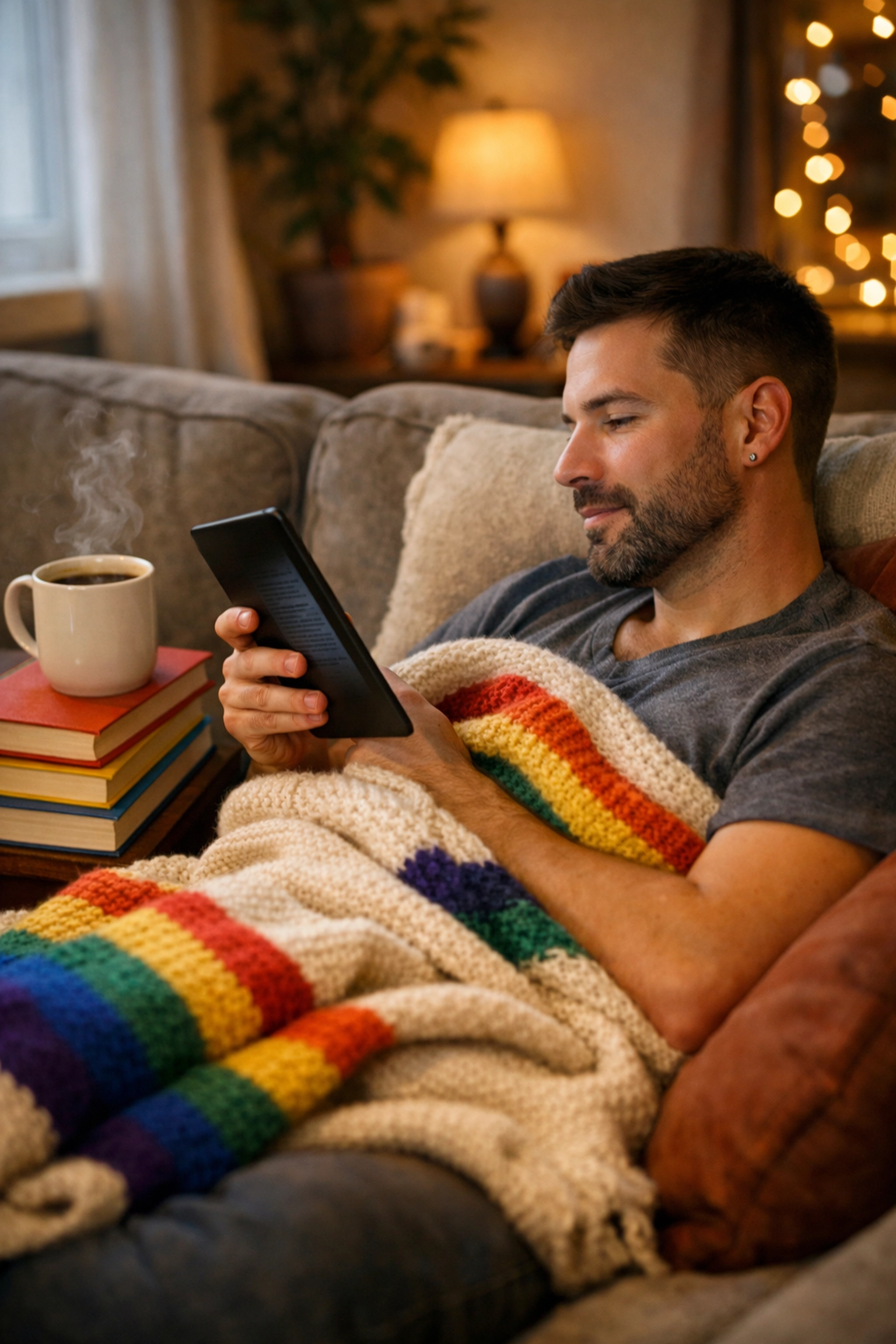 Single gay dad relaxing with an LGBTQ+ ebook and coffee during Mother's Day self-care.