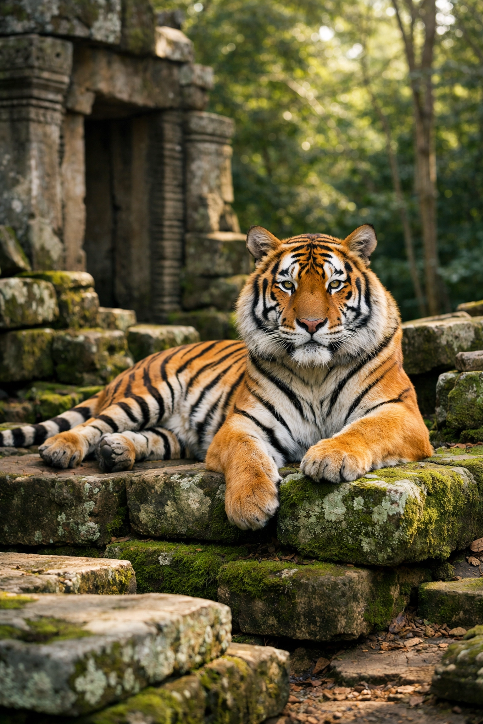 High-resolution photo of a tiger resting on ancient ruins within a lush jungle habitat.