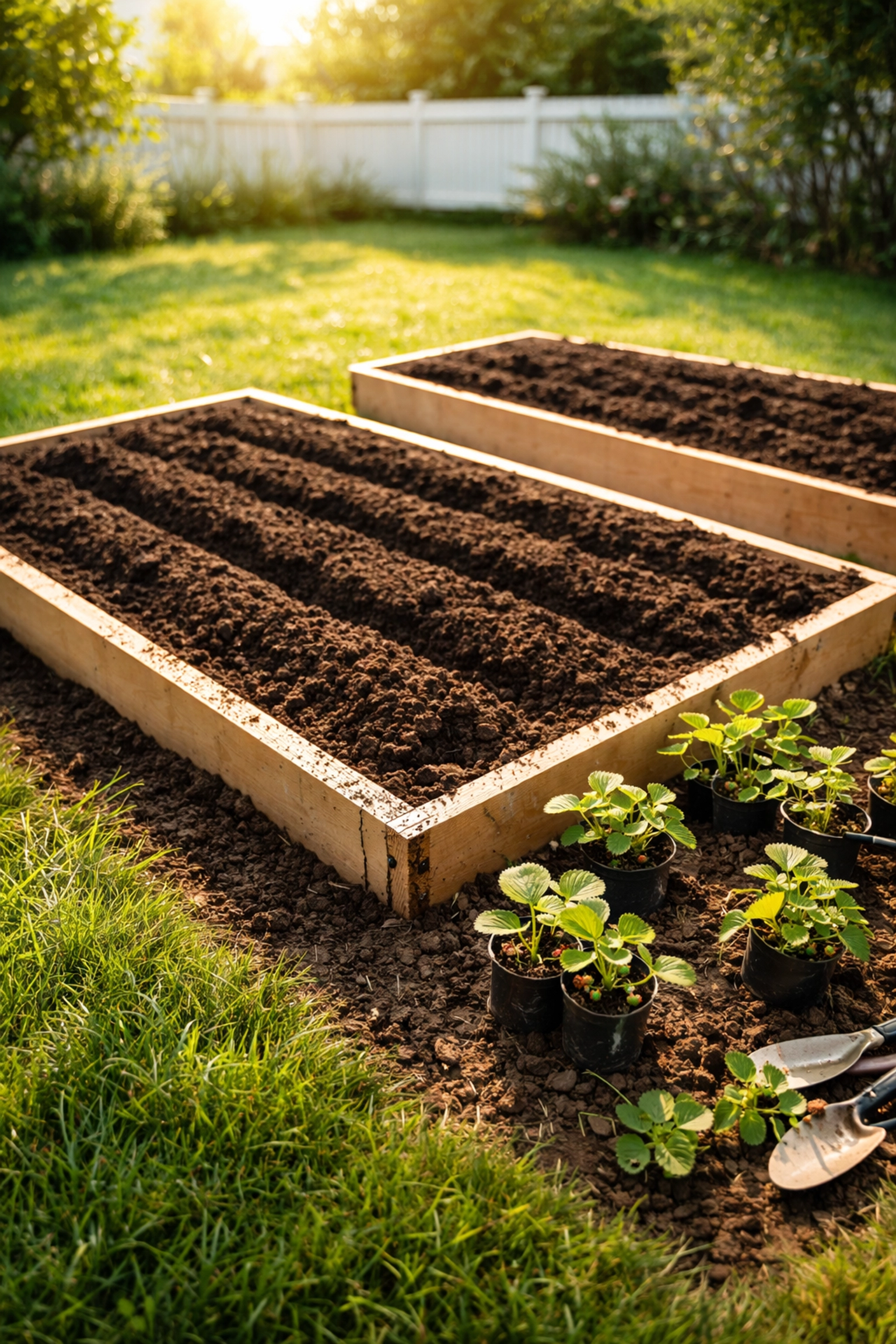 Sunlit backyard garden bed prepared for strawberry planting with rich soil and young seedlings.