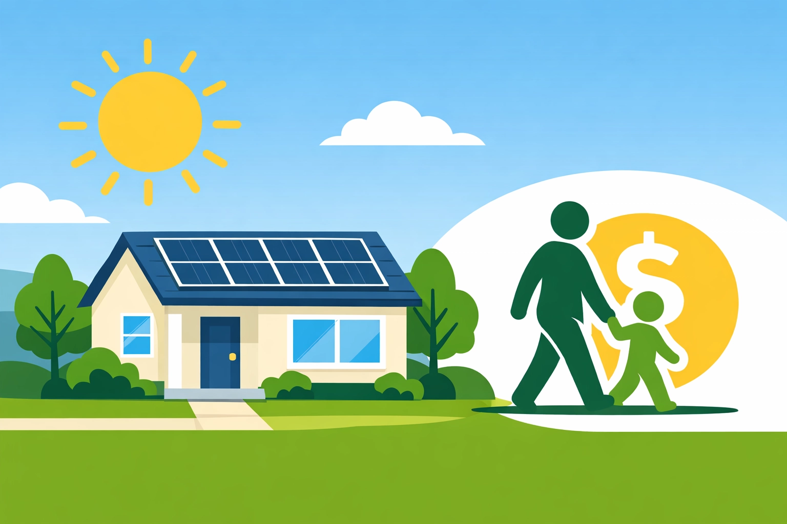 Modern home with solar panels and a family icon representing residential energy and child tax credits.
