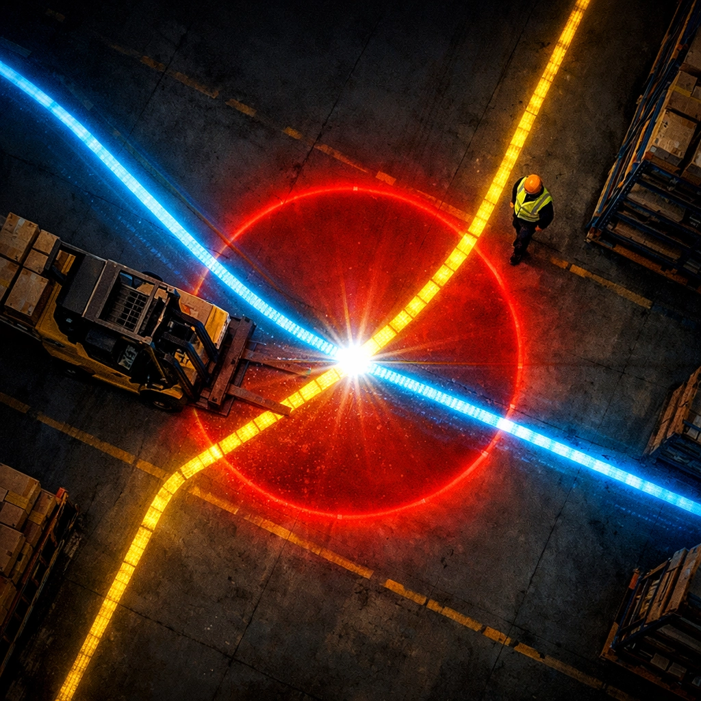 Warehouse floor showing forklift and pedestrian path intersection creating worker exposure to hazards