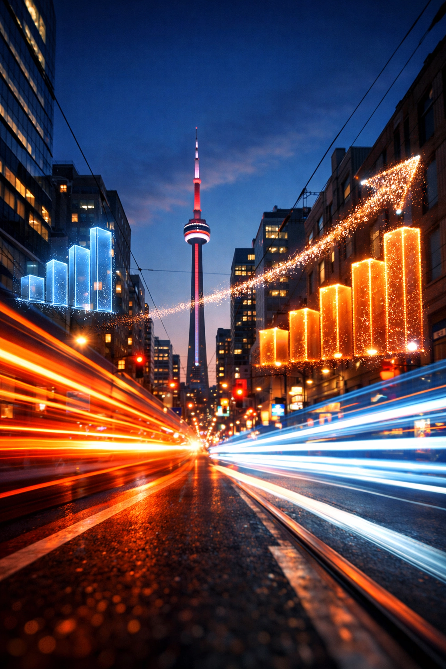 Rising lead growth charts over a Toronto street scene showing digital marketing success and scaling results.