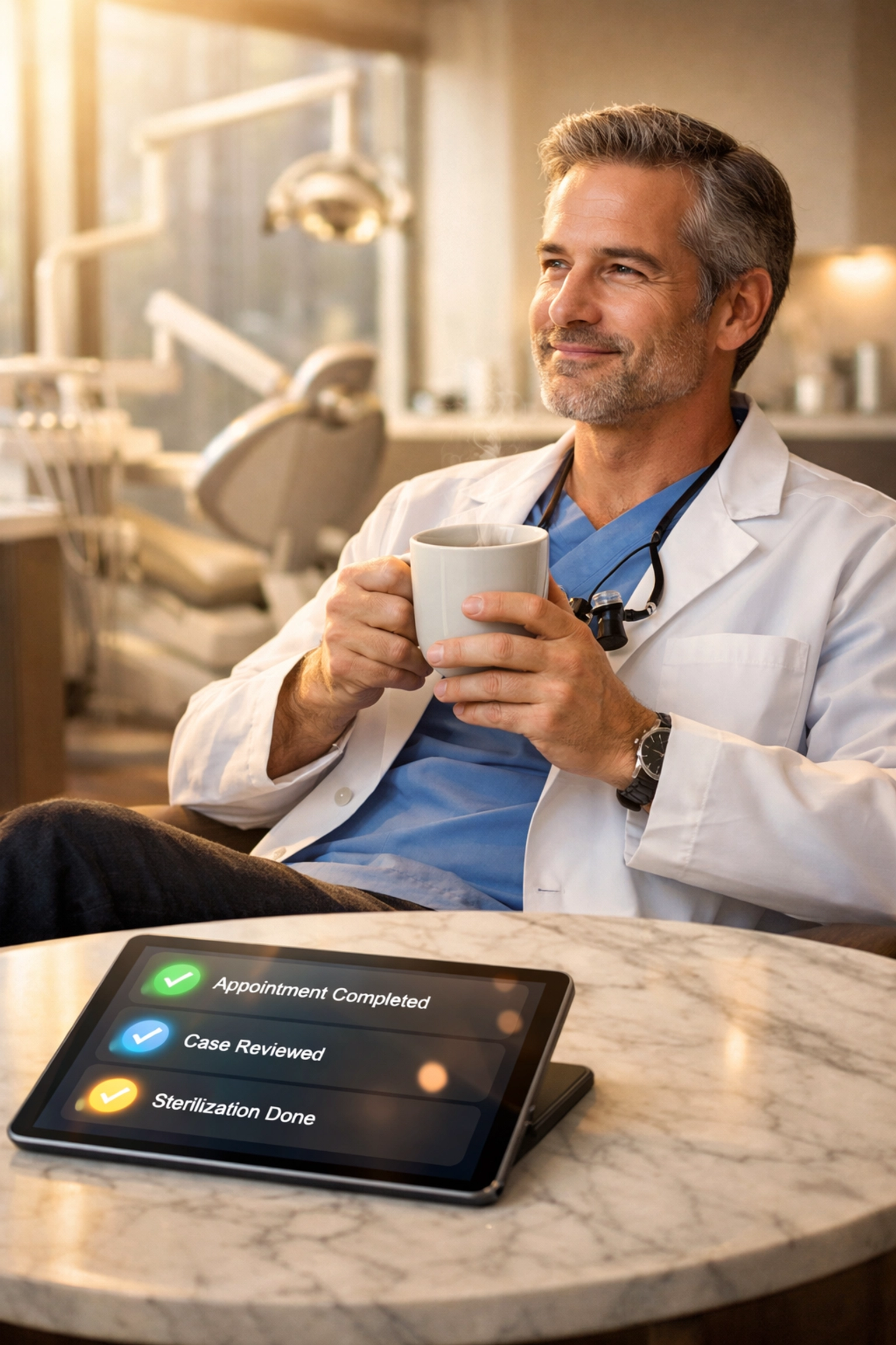 Relaxed dentist viewing automated Google review replies on a tablet.