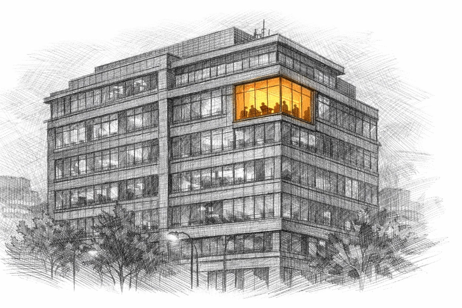 Modern office building at twilight with one glowing window representing an architect meeting.