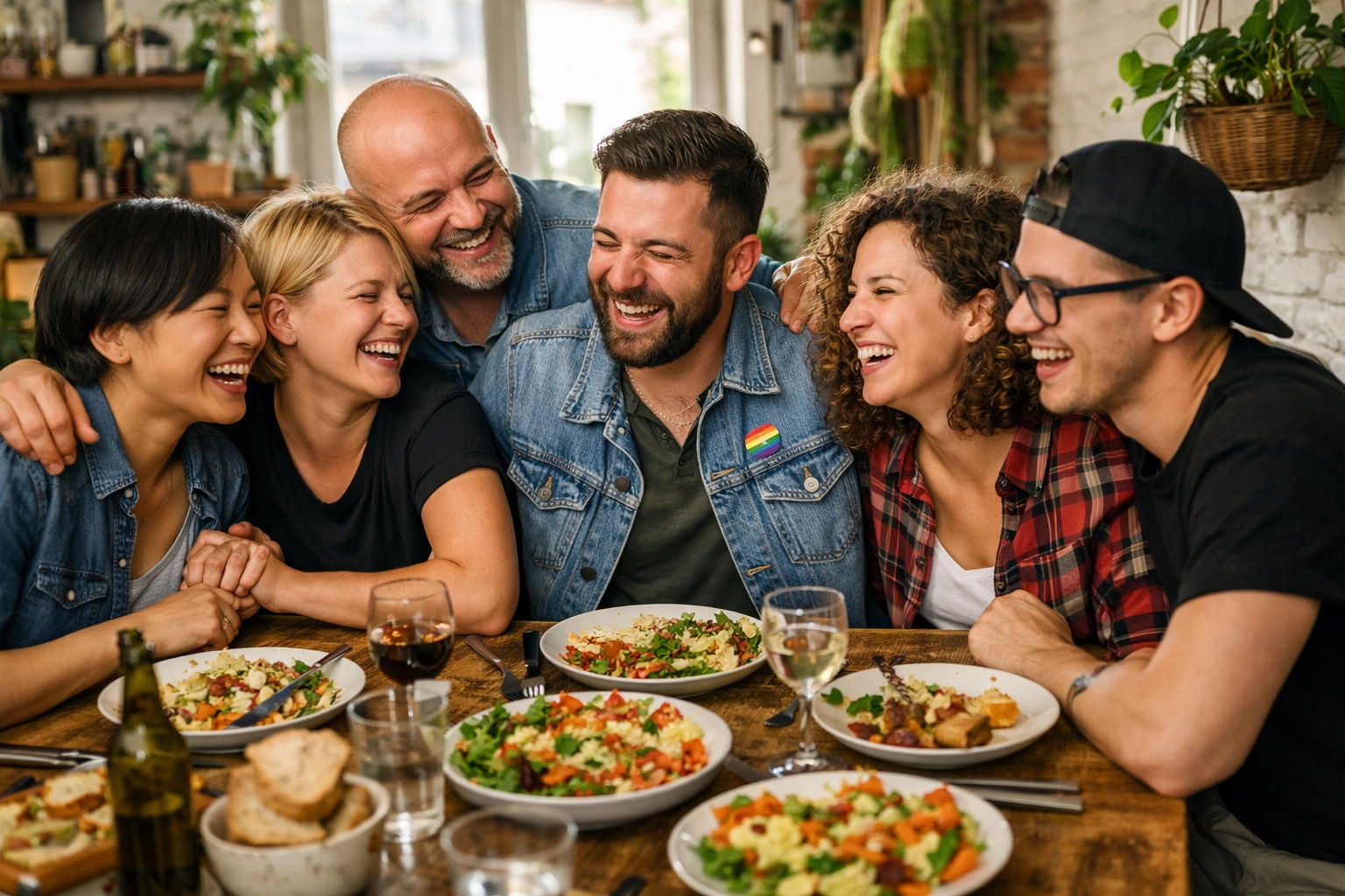 Diverse LGBTQ+ friends sharing a meal, celebrating the found family and community in Poland.