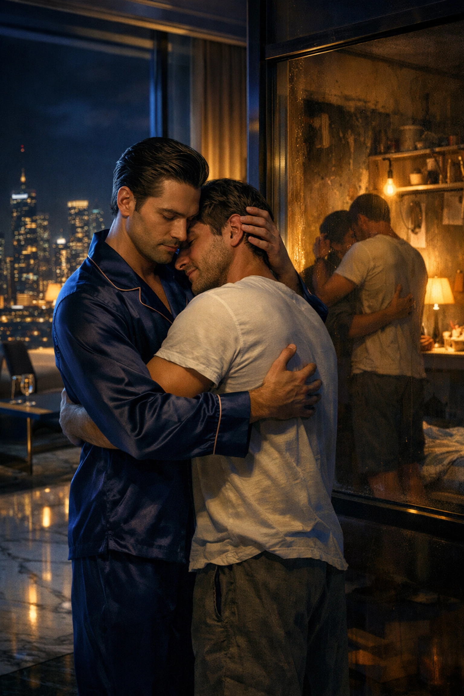 Intimate gay couple embracing across class divide in MM romance rich and poor relationship