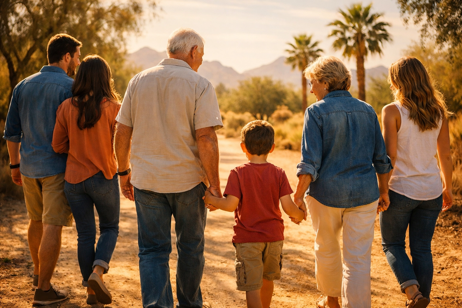 Multi-generational family walking in a park, protected by life insurance across the states.