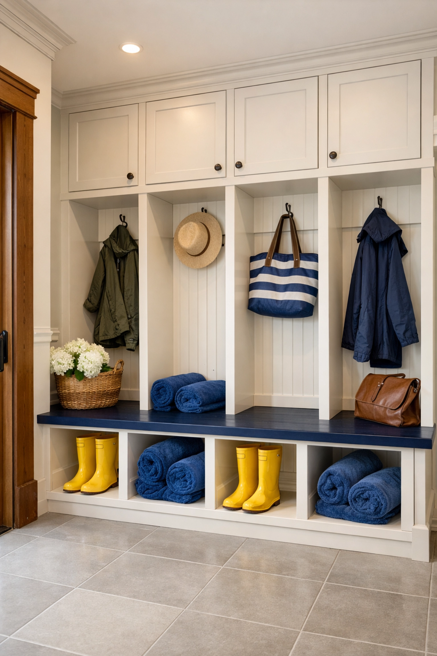 Organized Ashby mudroom with spotless tile floors maintained by recurring house cleaning Ashby MA.