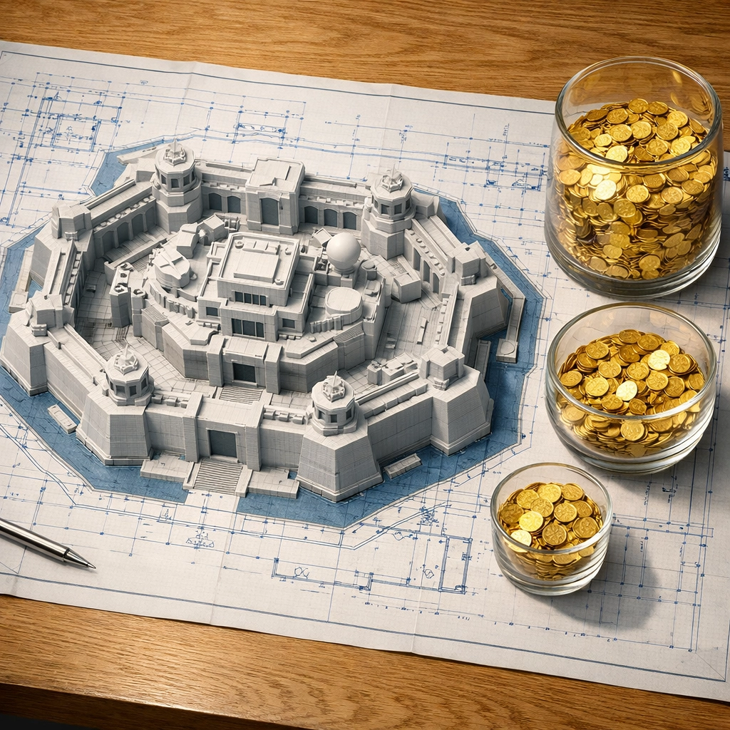 Fortress model on blueprints with coin jars, showing the 50/40/10 tactical asset allocation and financial stewardship.