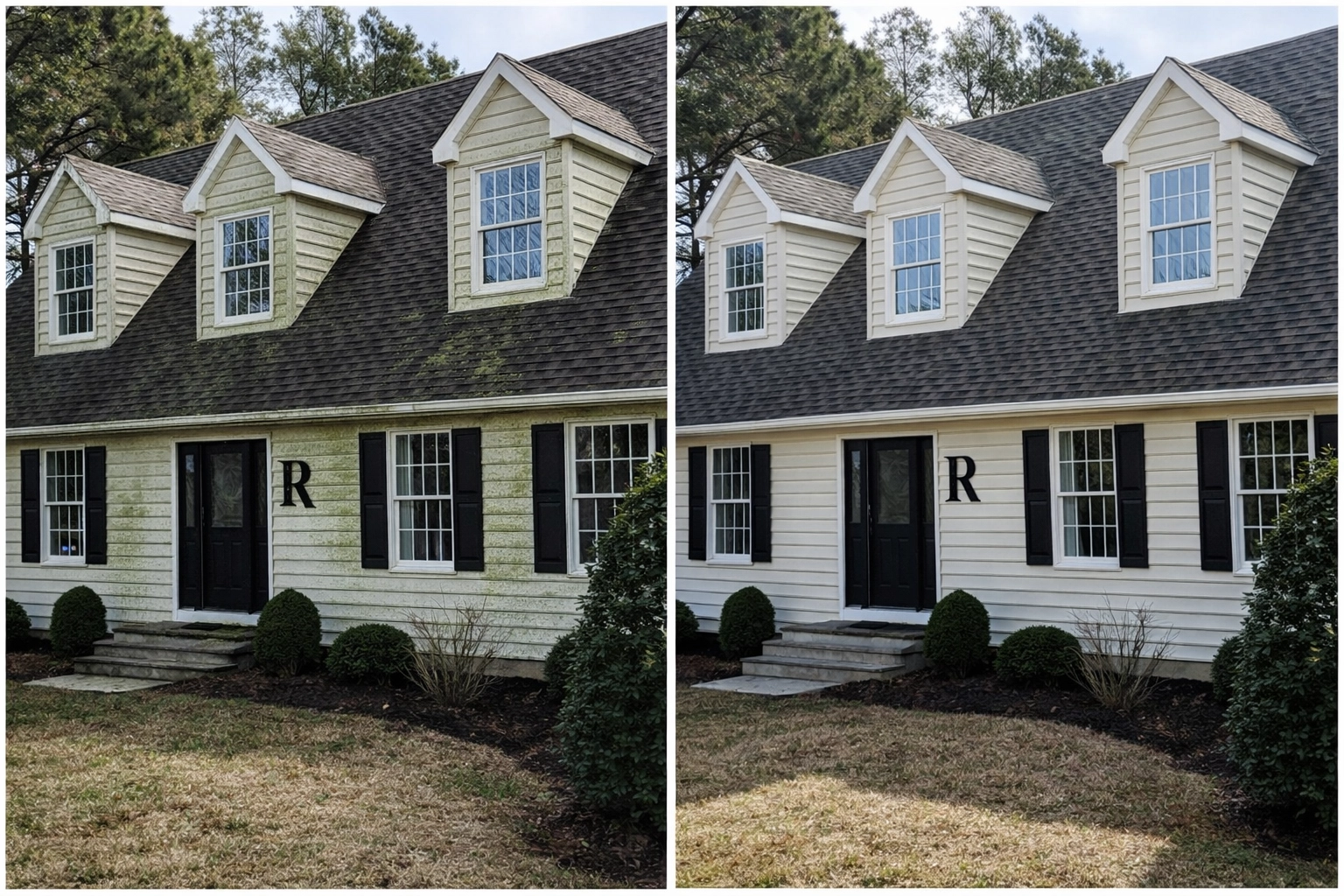 Before and after comparison of a house exterior featuring dramatic soft wash results