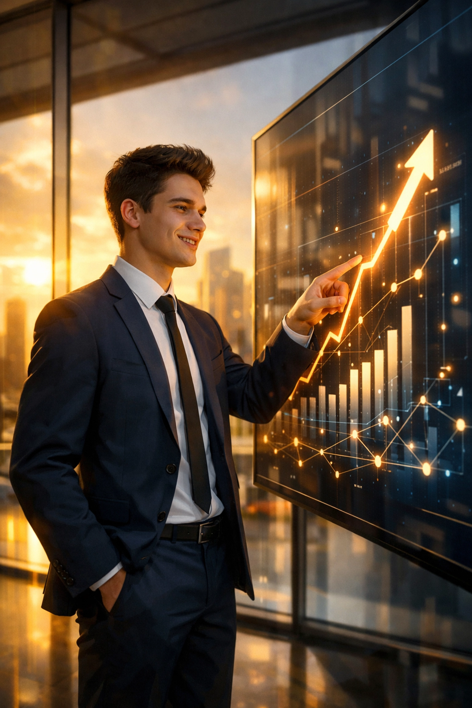 Young professional using AI and data analytics to monitor business growth trends in a modern office.