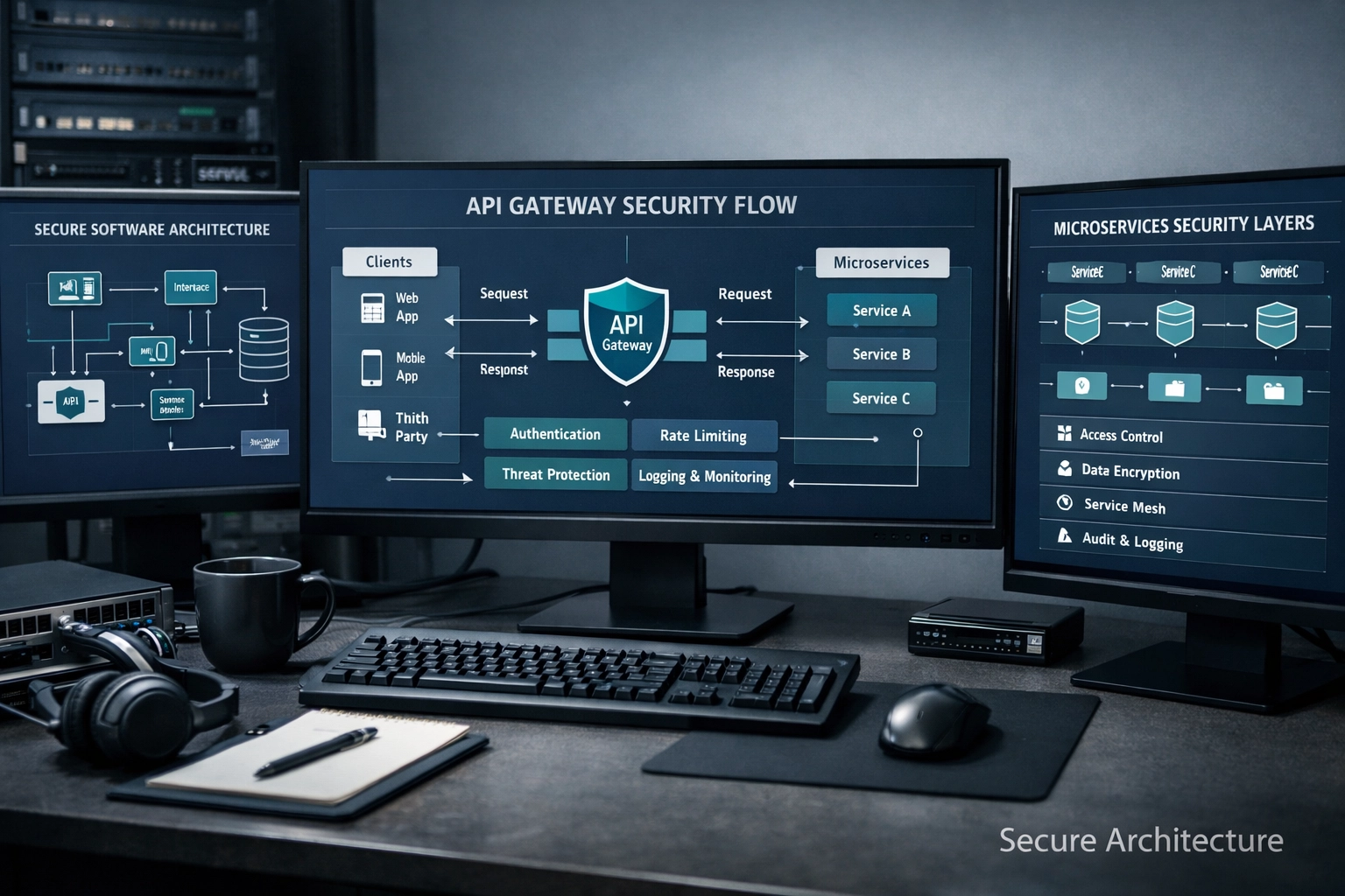 Realistic bespoke software security architecture dashboard with secure system design visuals.