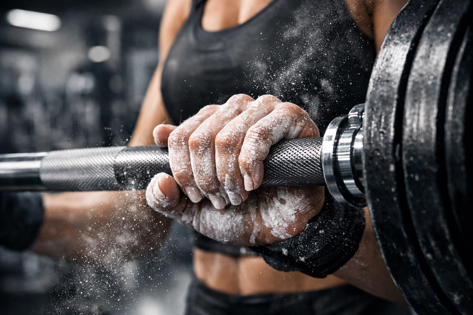 Chalked hands gripping a heavy barbell for strength training with an expert personal trainer in Land O Lakes.