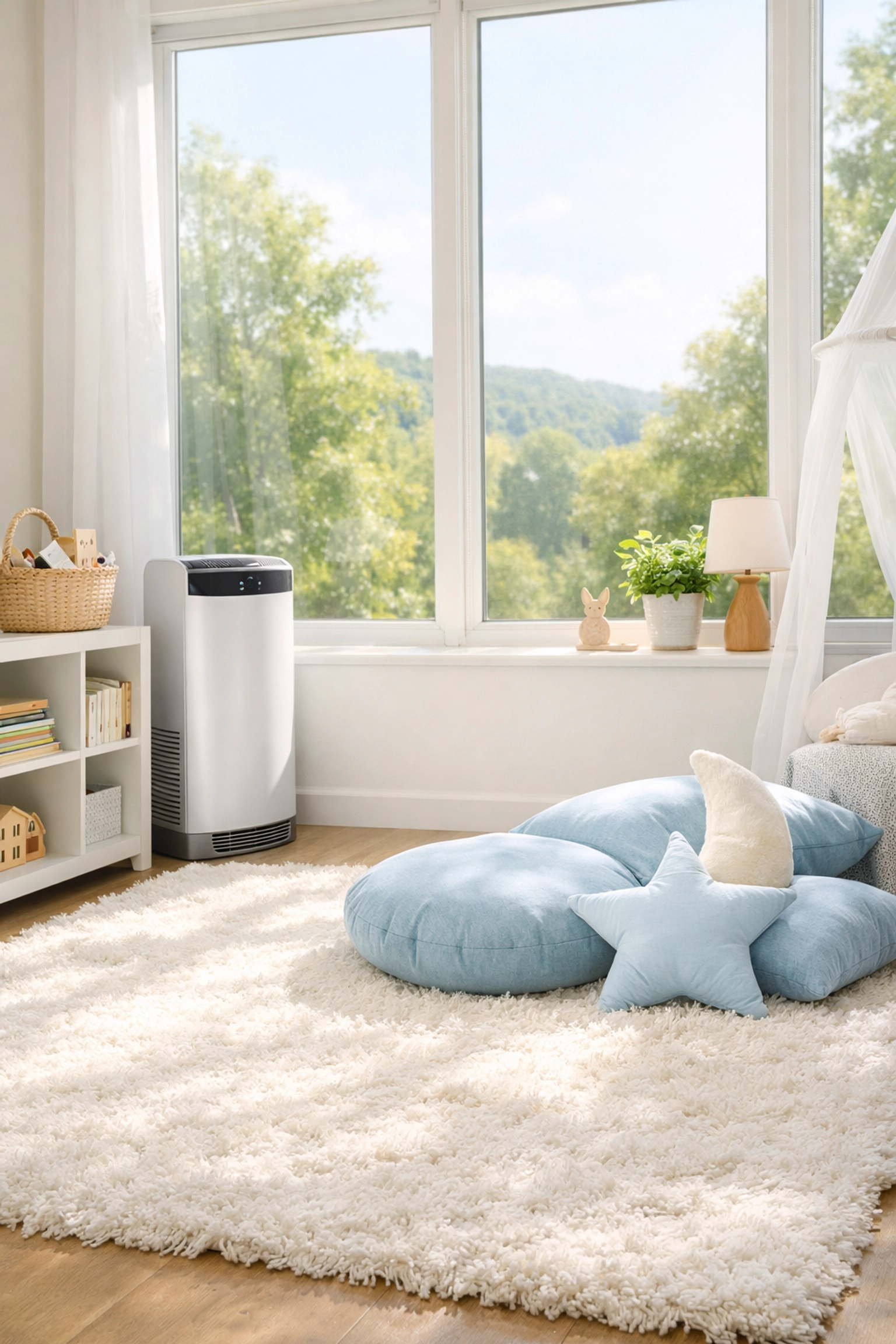 A clean daycare nap area with an air purifier, promoting healthy indoor air quality for Massachusetts kids.