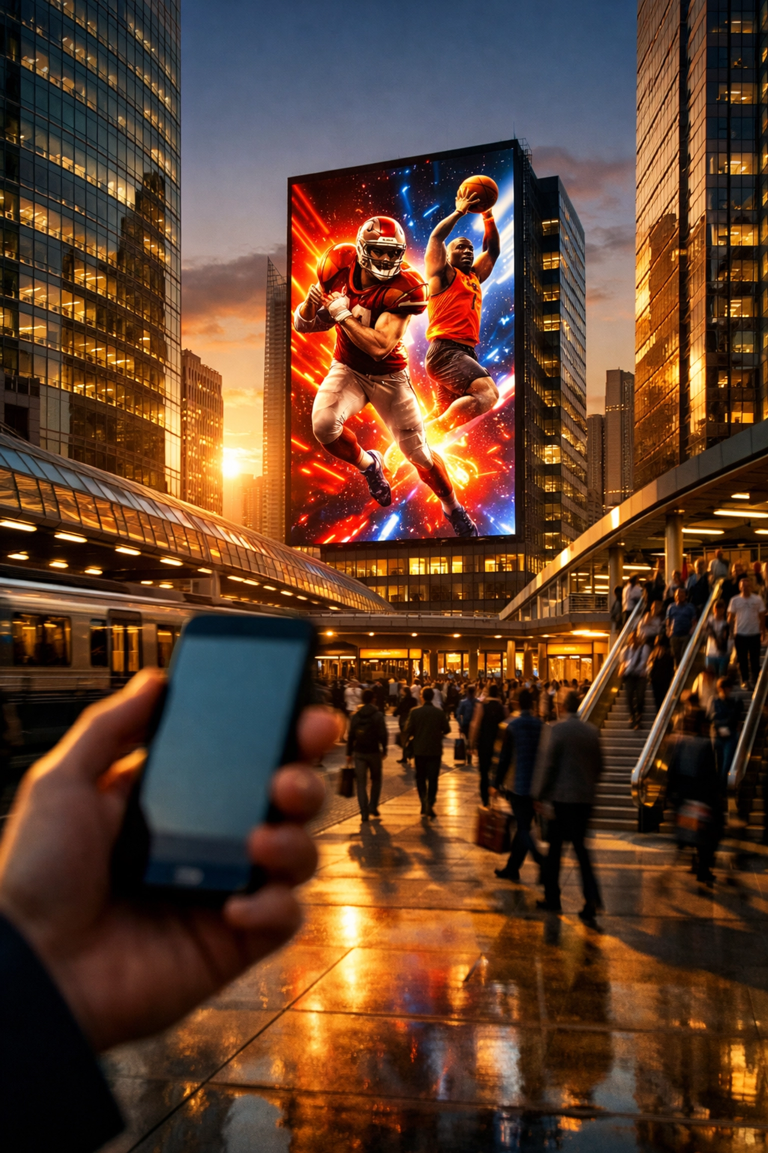 A high-impact digital billboard in an urban transit hub connecting physical and mobile branding.