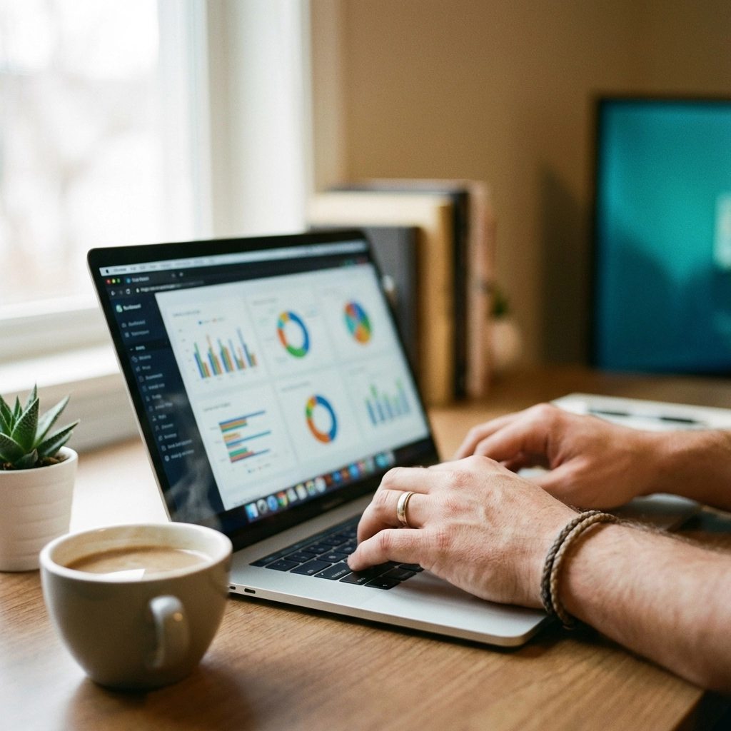 Close-up of hands typing SEO data on a laptop in a cozy office, showing digital marketing expertise.