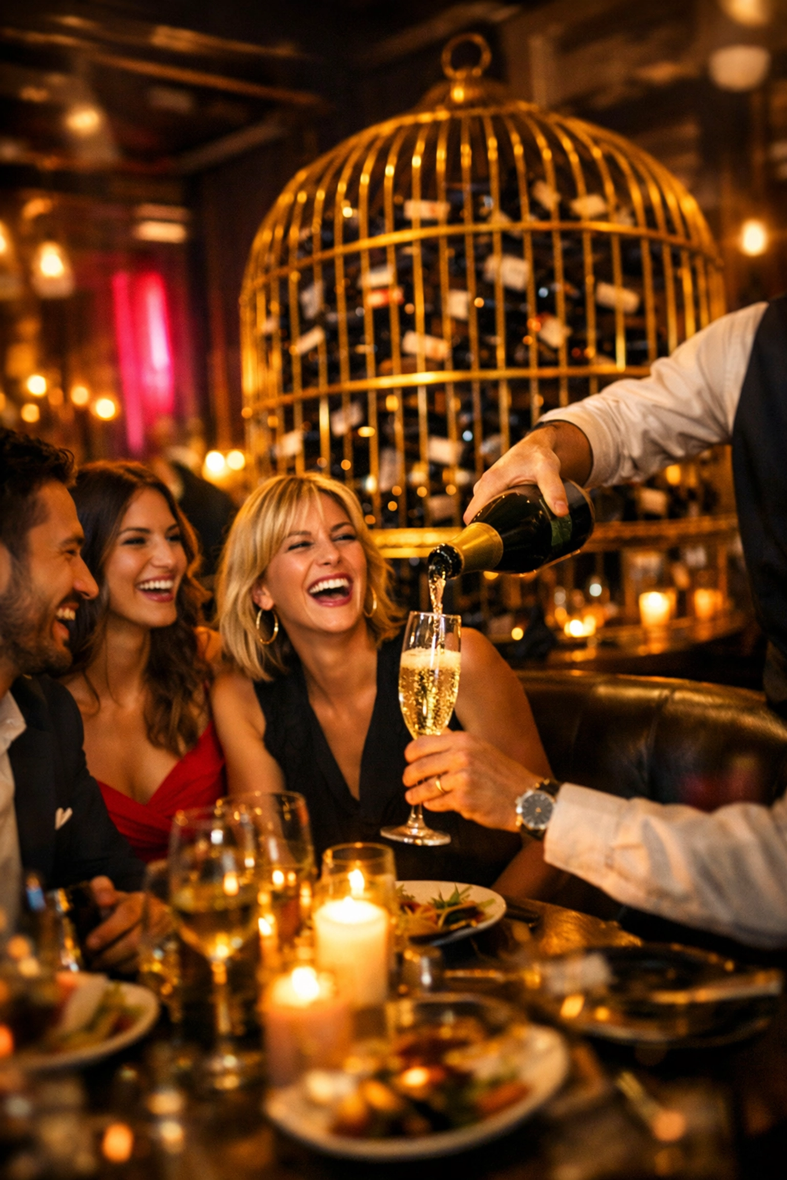 Lively upscale restaurant interior with happy guests and server pouring wine, highlighting dining experience.