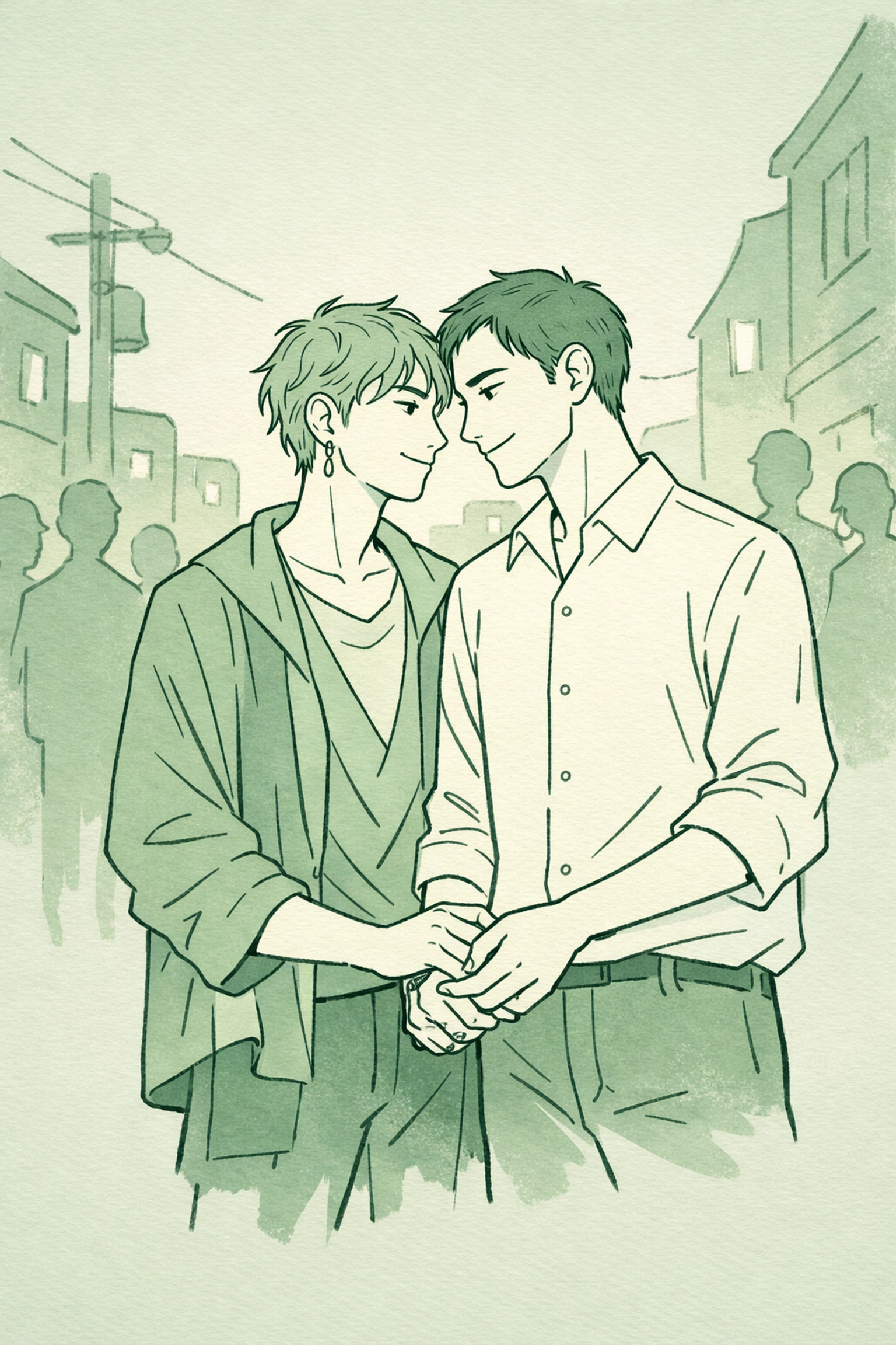 Non-binary and queer men holding hands, illustrating the beautiful diversity of Read with Pride stories.