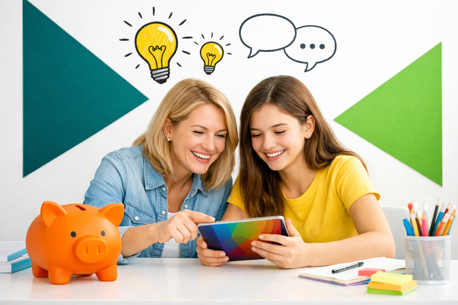 A mother and daughter using an online life skills course for kids to master modern money skills.
