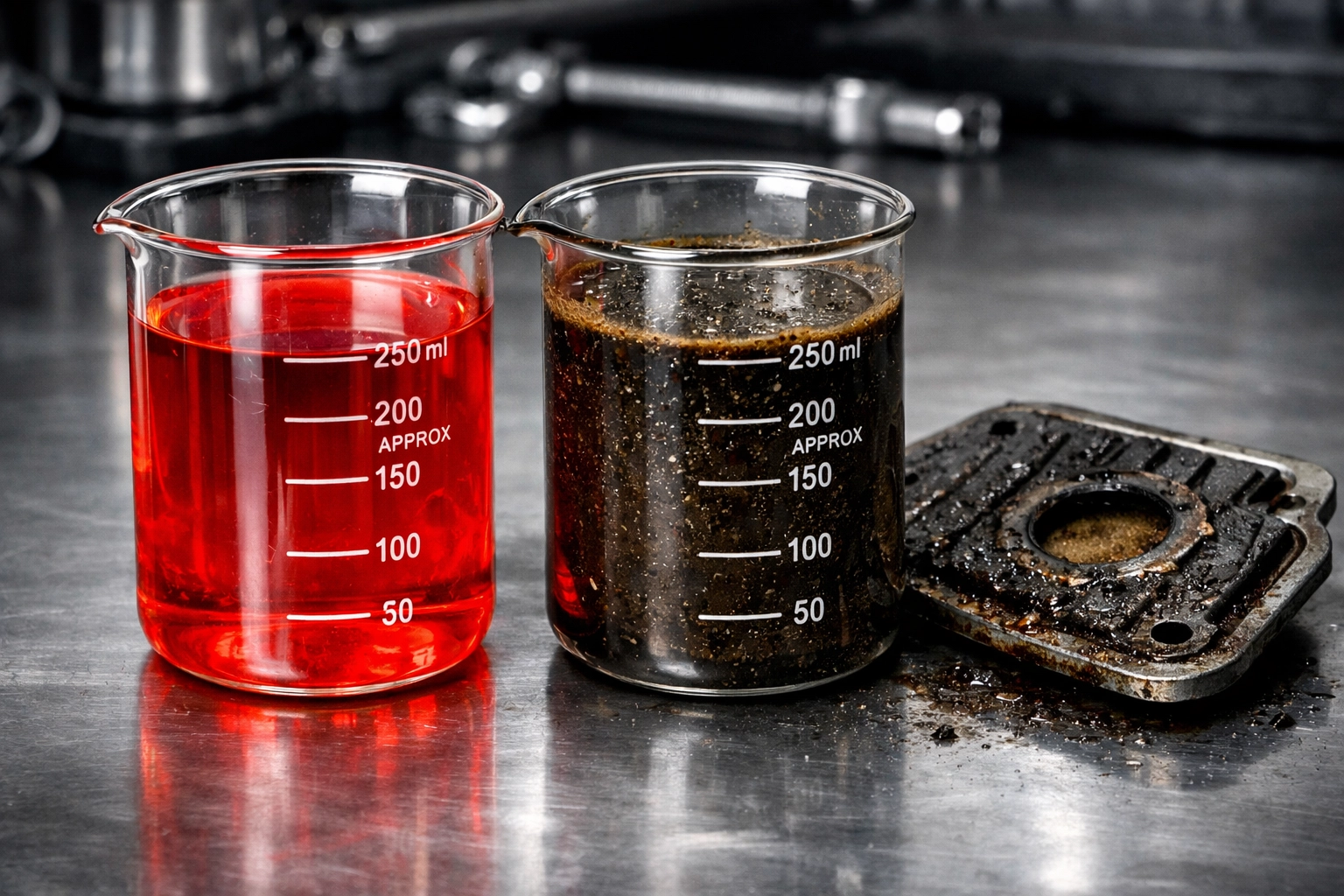 Comparison of fresh red transmission fluid versus dirty fluid and a clogged transmission filter.