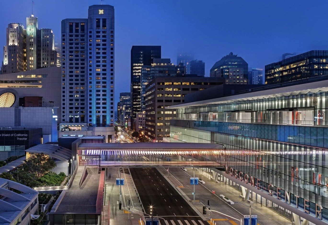 Nighttime view of San Francisco’s Moscone Center and SOMA district