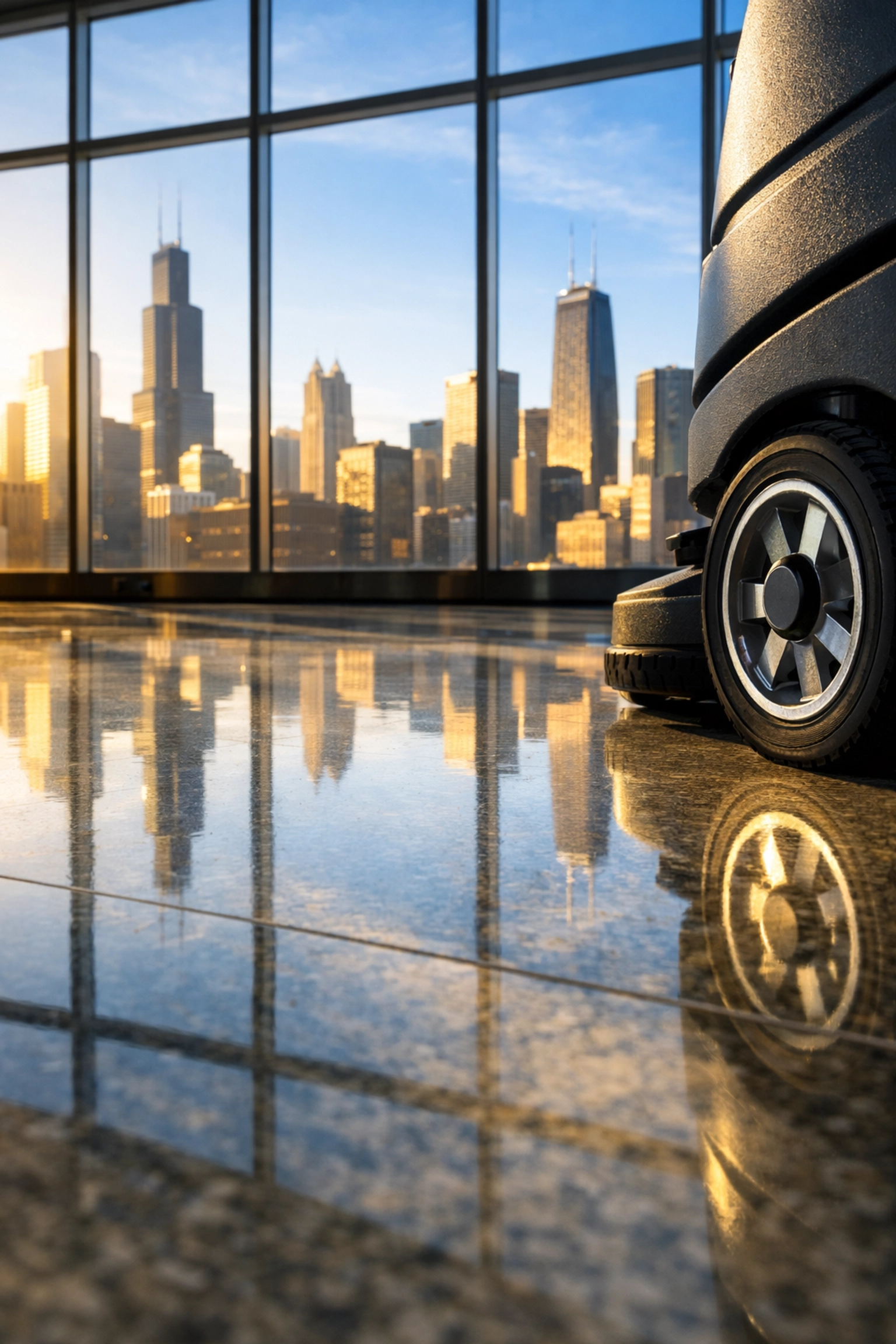 Pristine Chicago office lobby floor with professional cleaning equipment and city skyline reflection.