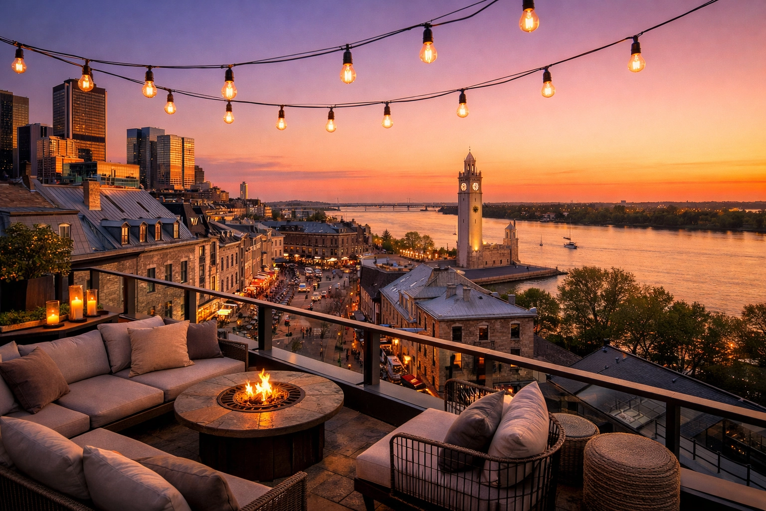 Sunset views of the Old Port and Saint Lawrence River from a luxury rooftop terrace in Montreal.