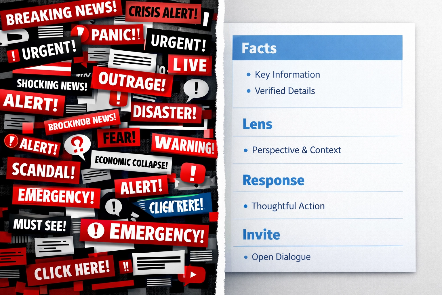 Contrast between chaotic news alerts and calm structured news format with Facts, Lens, Response sections