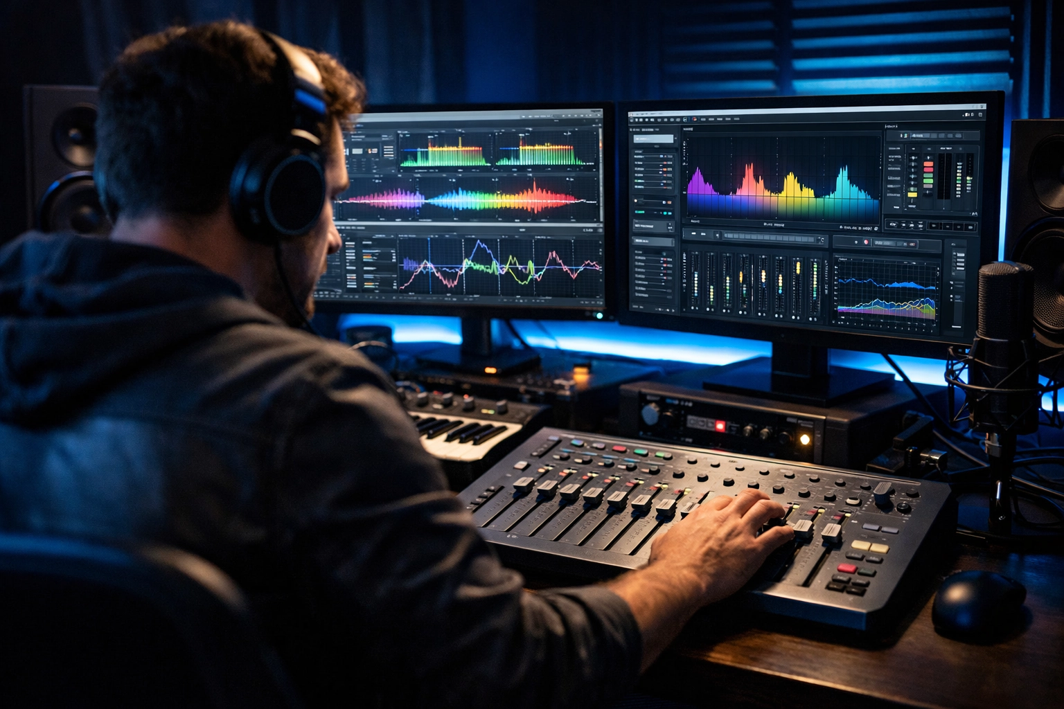 A music producer engineering audio tracks in a high-tech bedroom studio using advanced digital music tools.