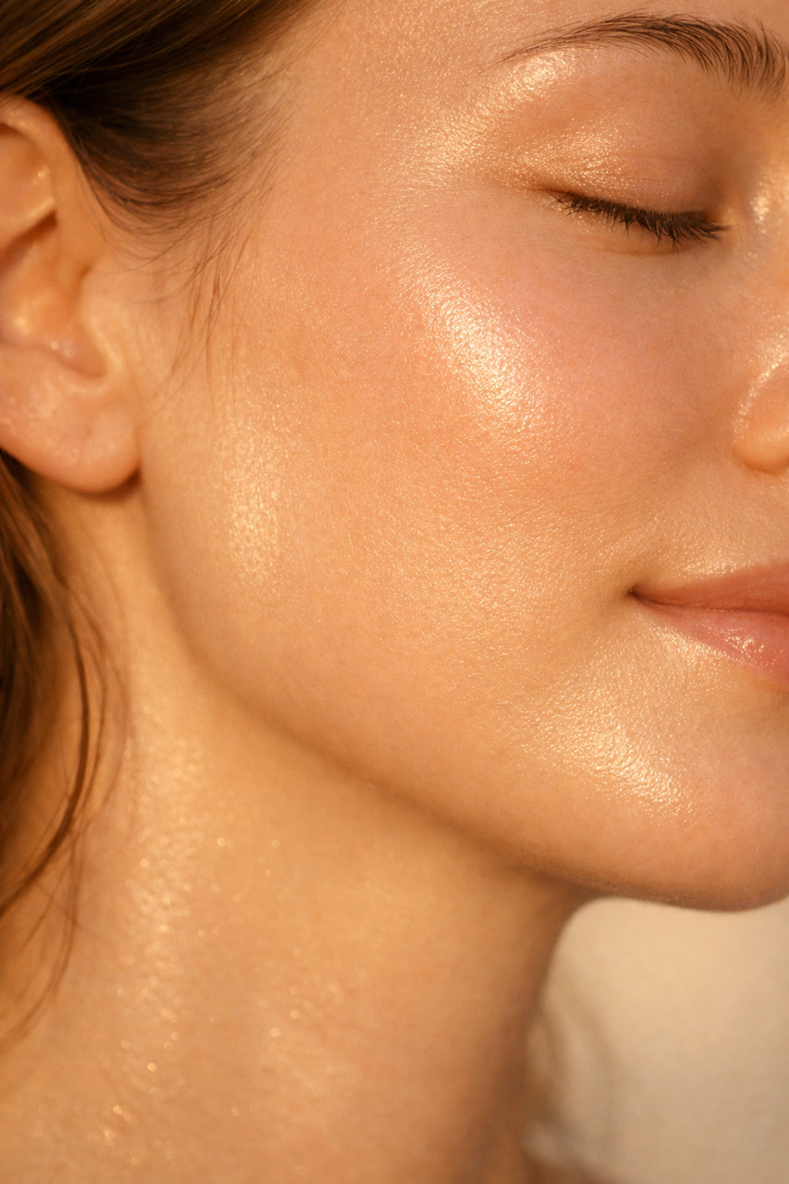 Close-up of radiant, glowing skin following a professional custom facial in Granger.