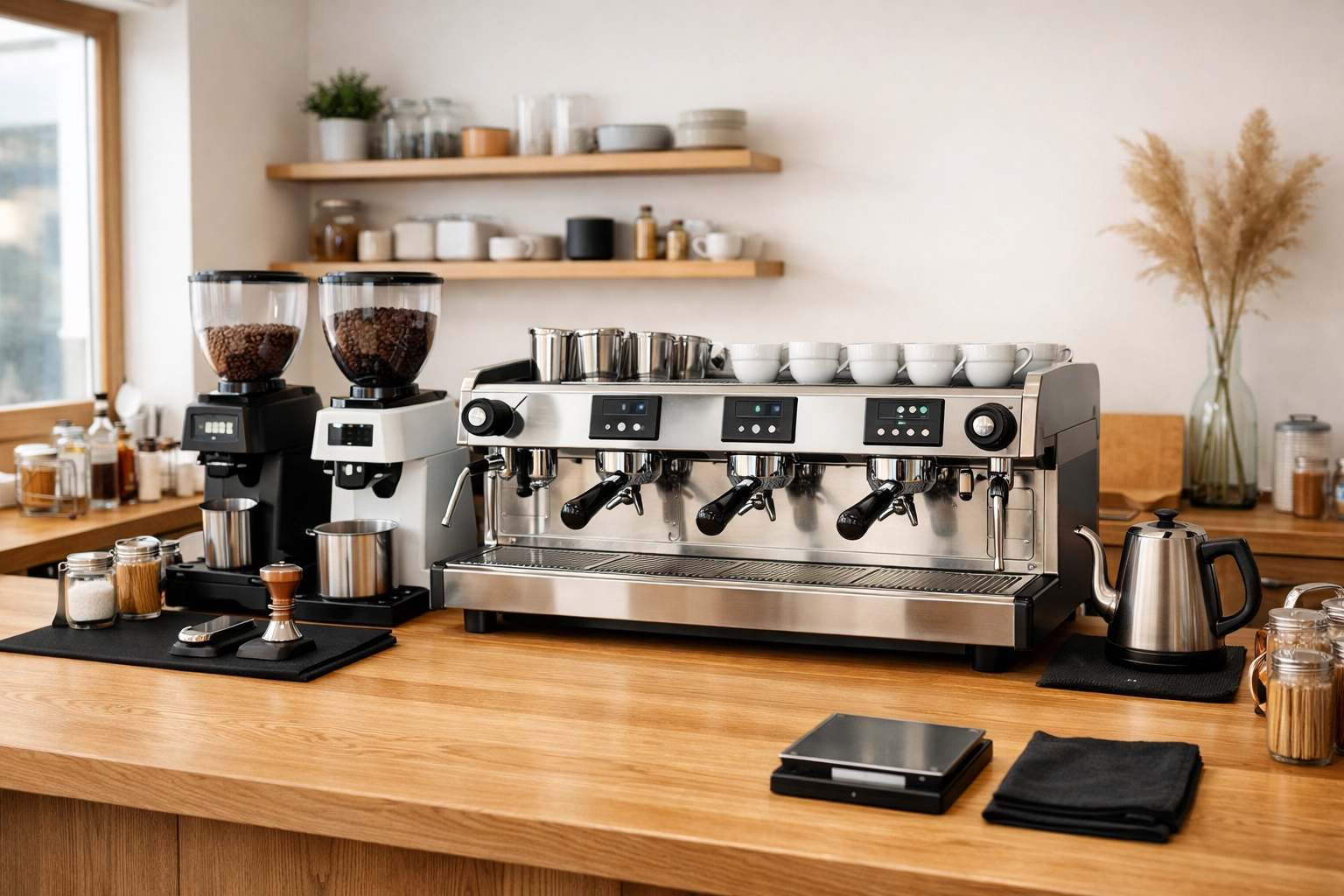 Efficient coffee shop layout featuring professional espresso equipment and grinders for optimized workflow.