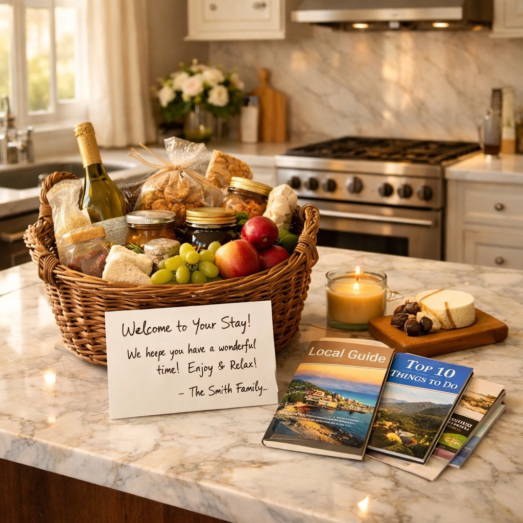 Welcome basket with local products in luxury vacation rental kitchen for premium guest experience