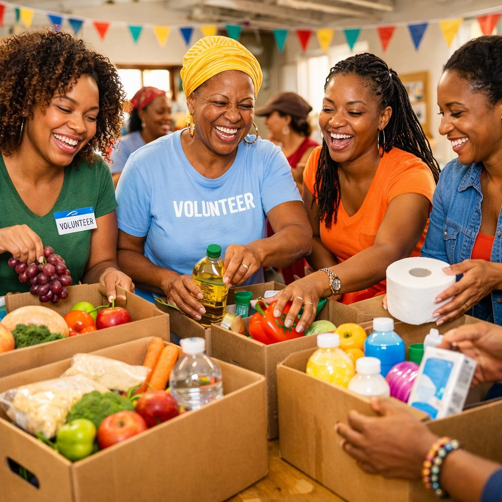 Volunteers packing food and supplies to provide emergency assistance and community impact in South Jersey.