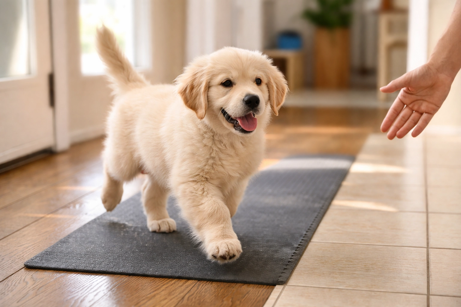 12-week-old Golden Retriever puppy walking across varied indoor surfaces, building confidence for therapy work