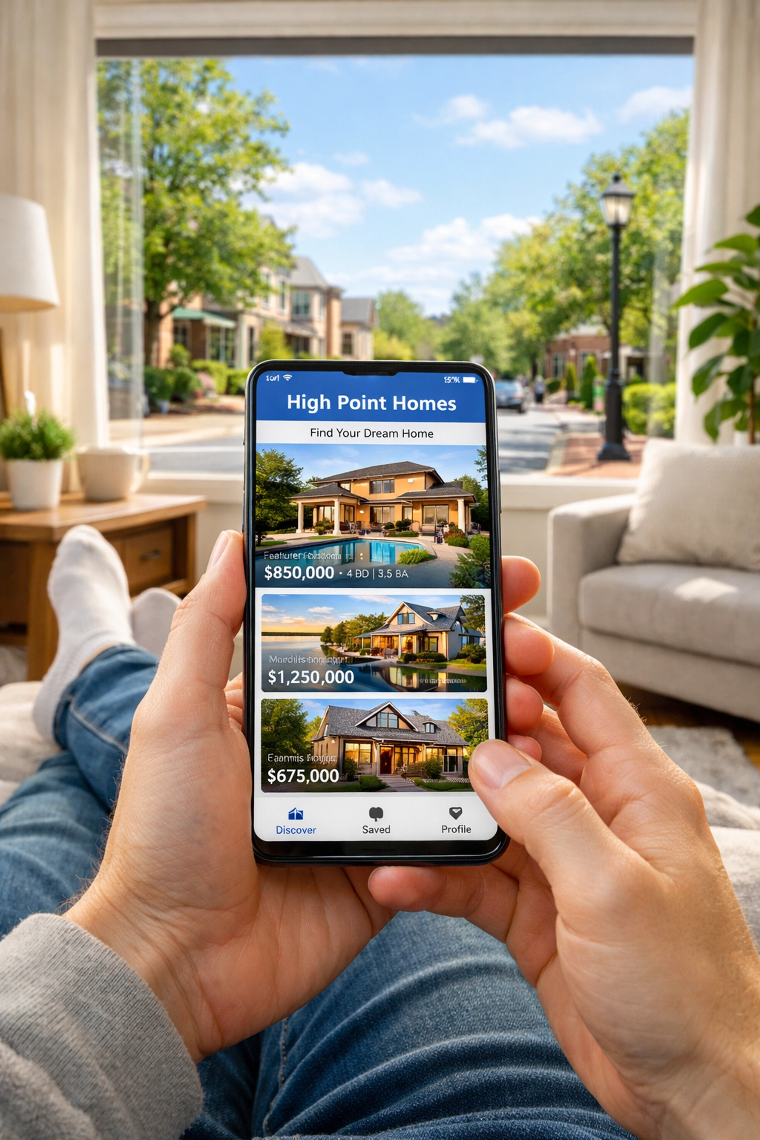 Home buyer using a mobile real estate app to browse High Point NC property listings.