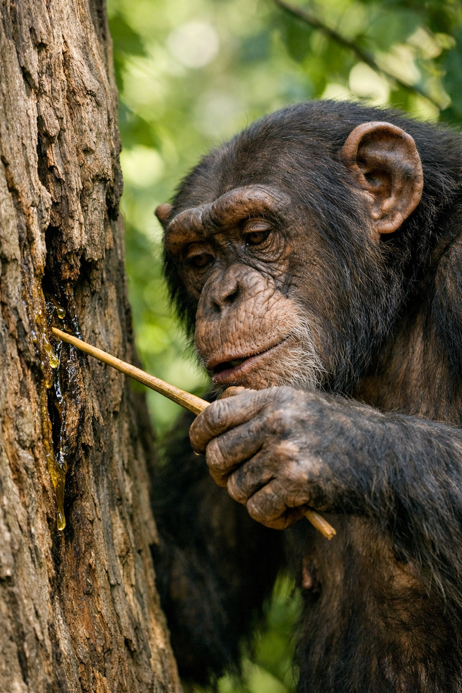 Chimpanzee using a stick to extract honey in a natural enclosure, showing authentic animal behavior.