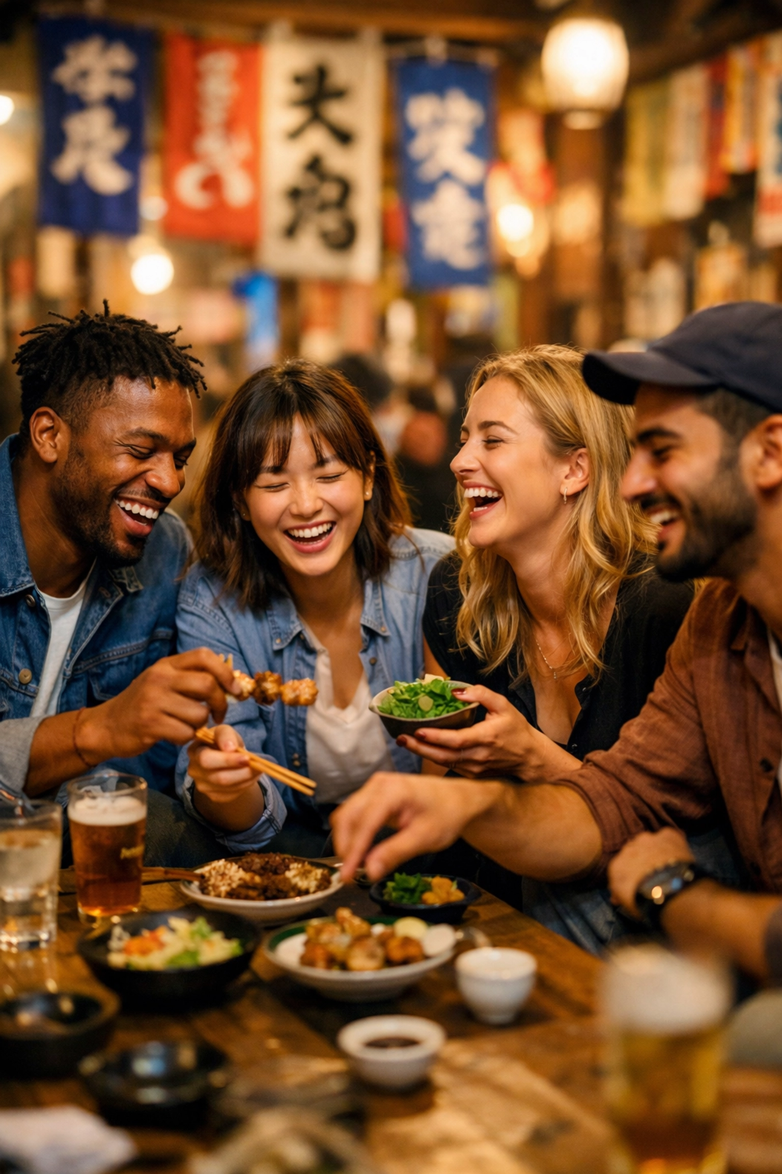 Friends sharing small plates of food at a traditional low table in a vibrant Tokyo Izakaya.