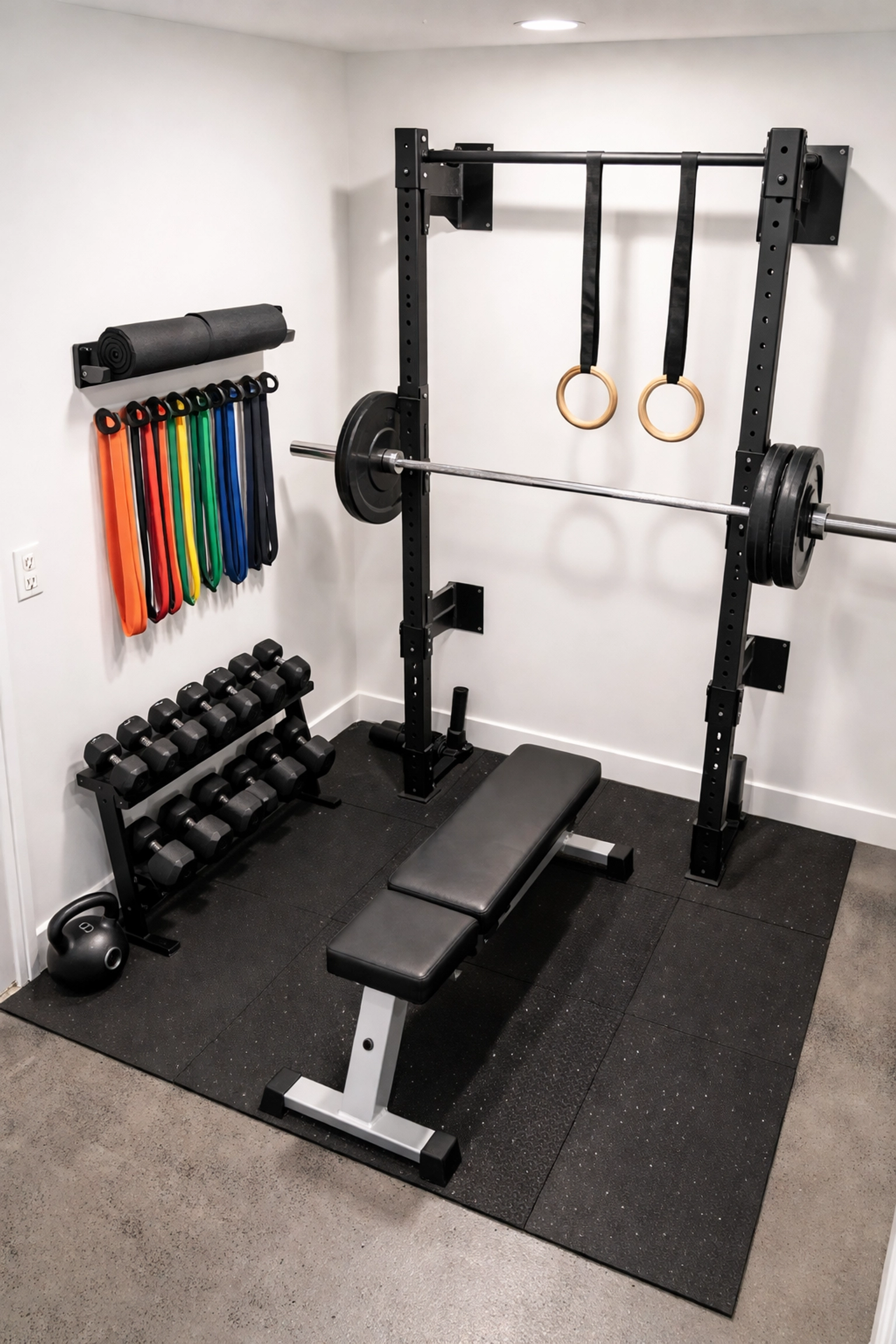 Compact, organized home gym corner with resistance bands, gymnastic rings, and adjustable bench for efficient bodyweight and resistance training at home