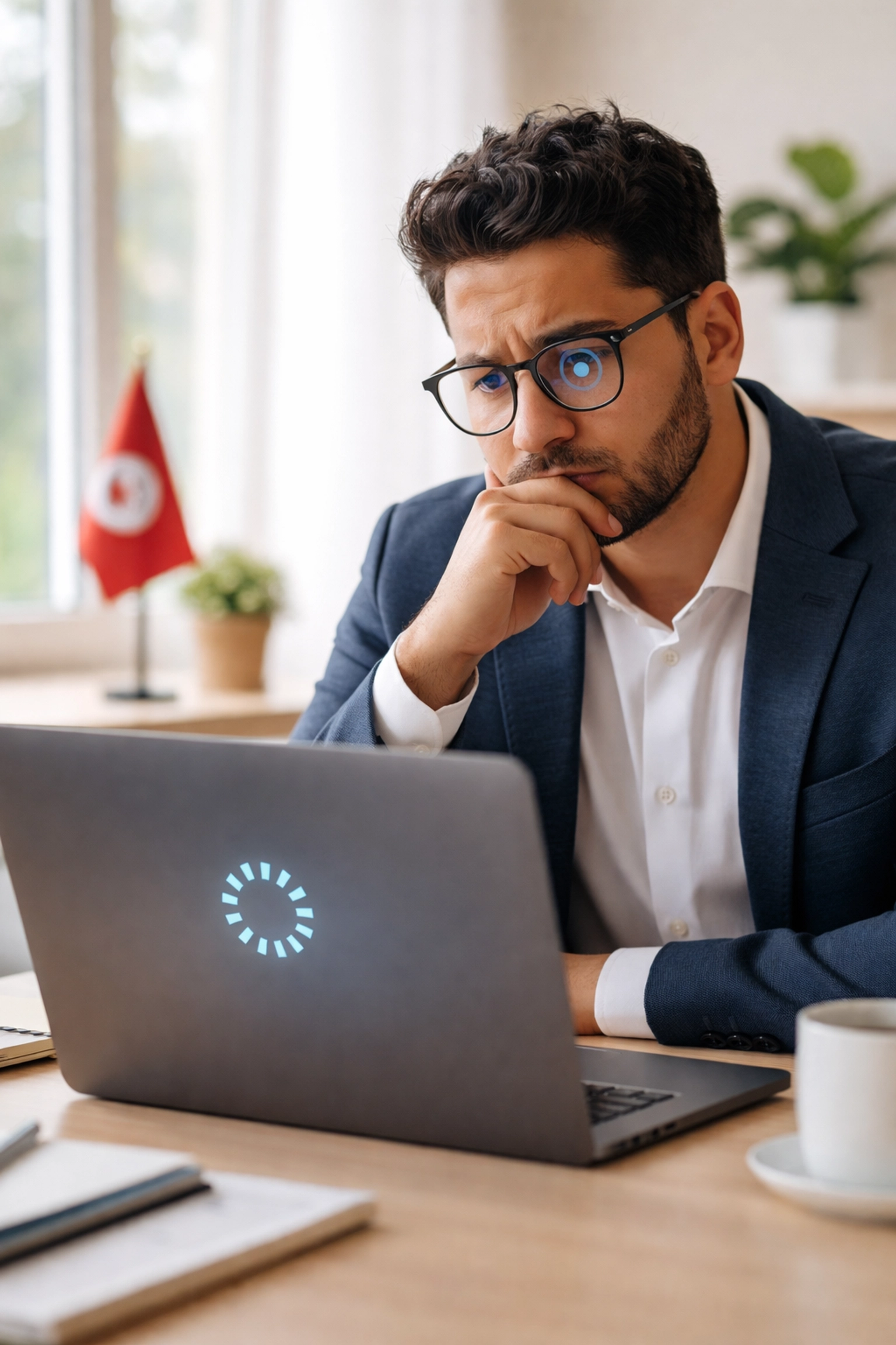 Homme d'affaires frustré devant un site web lent, illustrant l'impact de la vitesse sur l'expérience utilisateur en Tunisie